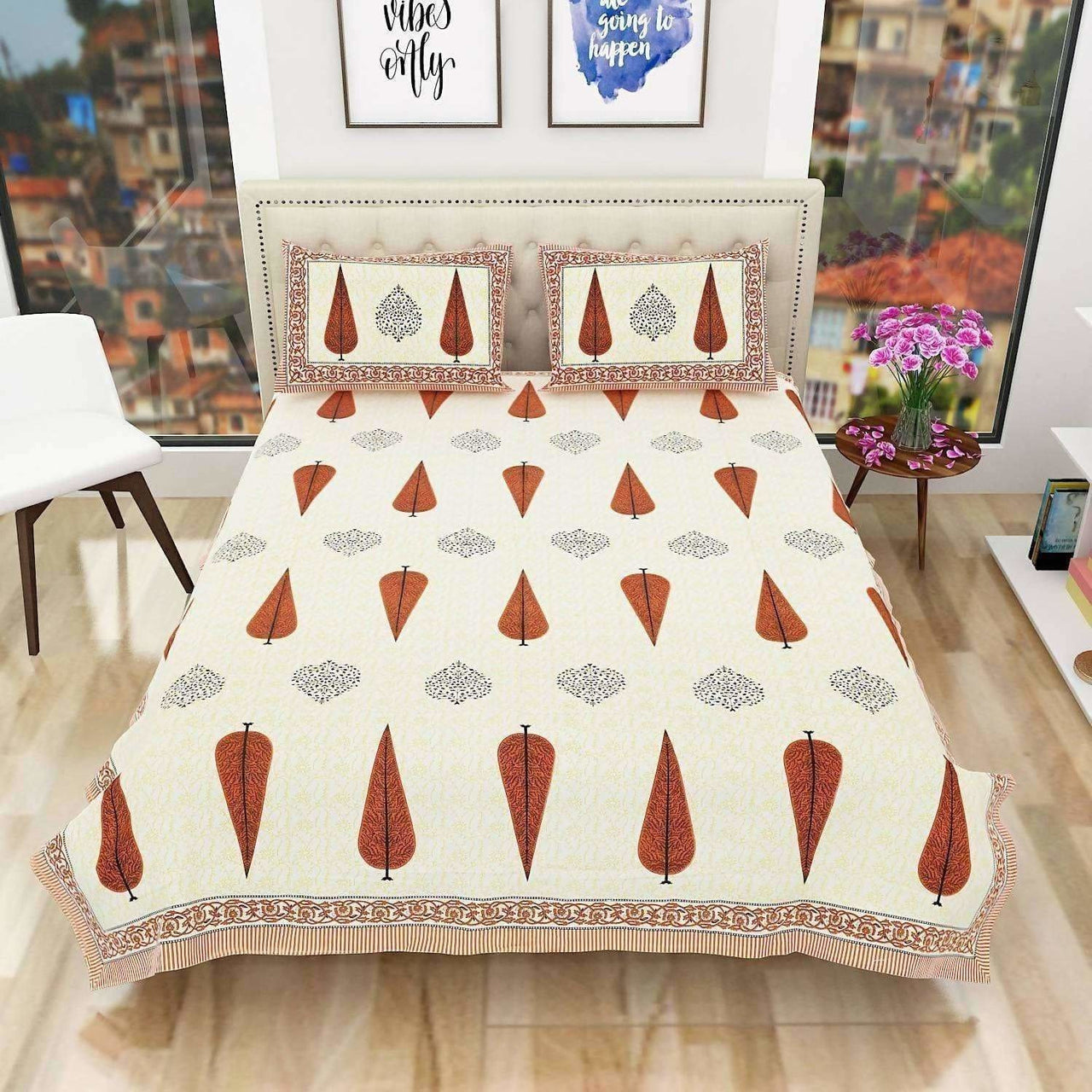 Queen Size 90x108 Inches Jaipuri Sanganeri Print Flat Bed Sheet Bedspread with 2 Pillowcases - Distacart