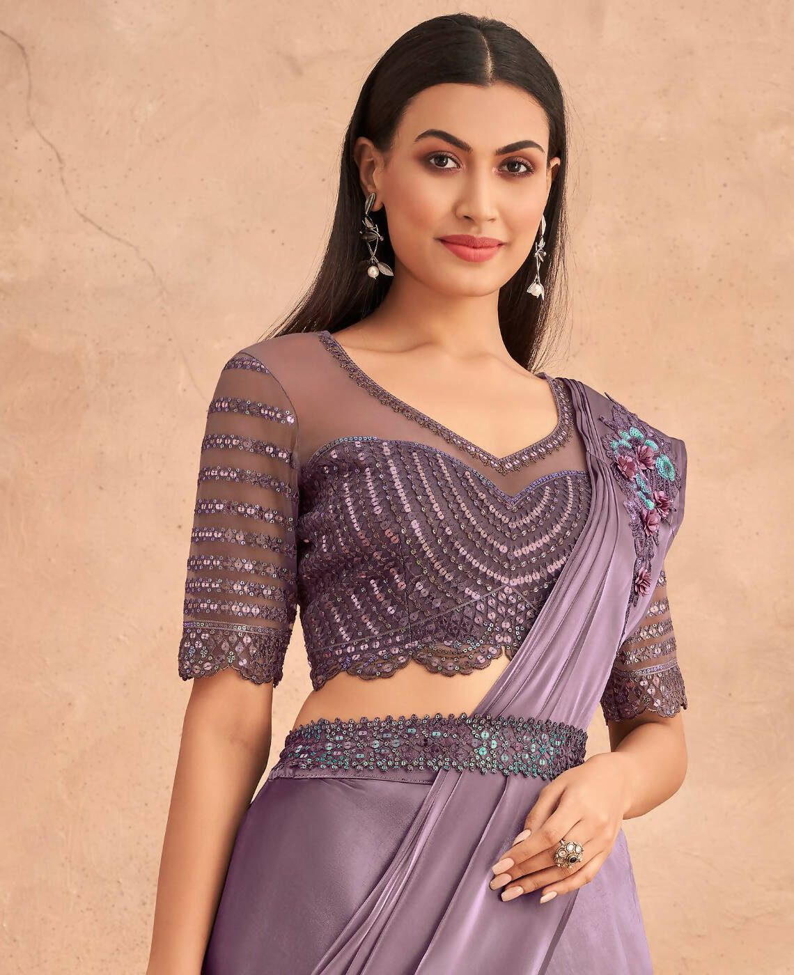 Purple Satin Embroidered Ready To Wear Saree With Unstitched Blouse Piece - Nandika - Distacart