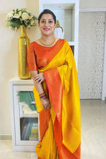 Thumbnail for DEIANA'S Beautiful Golden Jari with New Design Soft Lichi Silk Saree - Yellow - Distacart