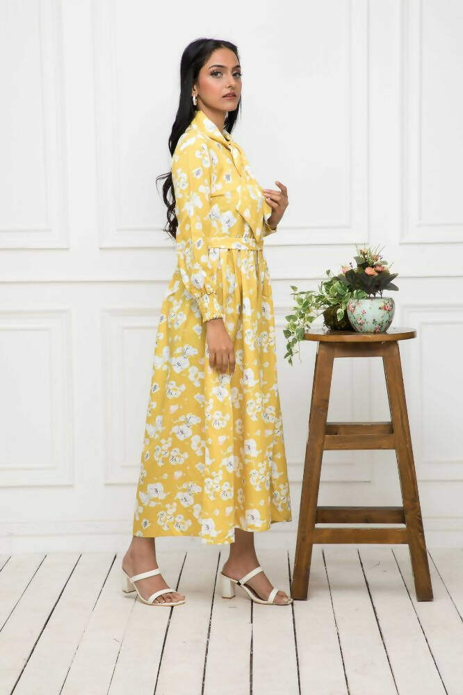 Myshka Women Yellow-Floral Rayon A-Line Shirt Collar Dress - Distacart