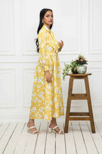 Thumbnail for Myshka Women Yellow-Floral Rayon A-Line Shirt Collar Dress - Distacart