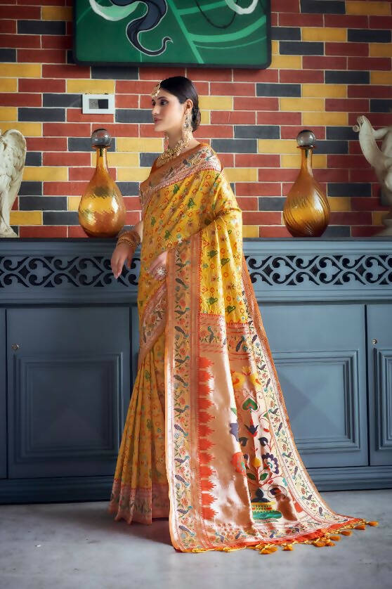 Vishnu Weaves Women's Yellow Paithani Patola Silk Zari Woven Saree with Unstitched Blouse - Distacart