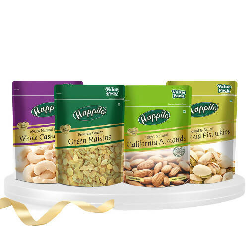 Happilo Premium Super Value Combo (Californian Almonds, Whole Cashews, Pistachios, Seedless Green Raisins) - Distacart