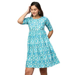 Thumbnail for Blue & White Ethnic Motifs Printed Cotton A-Line Dress - Poonam - Distacart