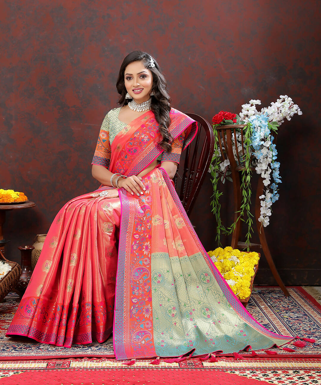 Lorenvalley Fashion Peach Kanjivaram Silk Woven Design with Zari Weaving Saree - Distacart