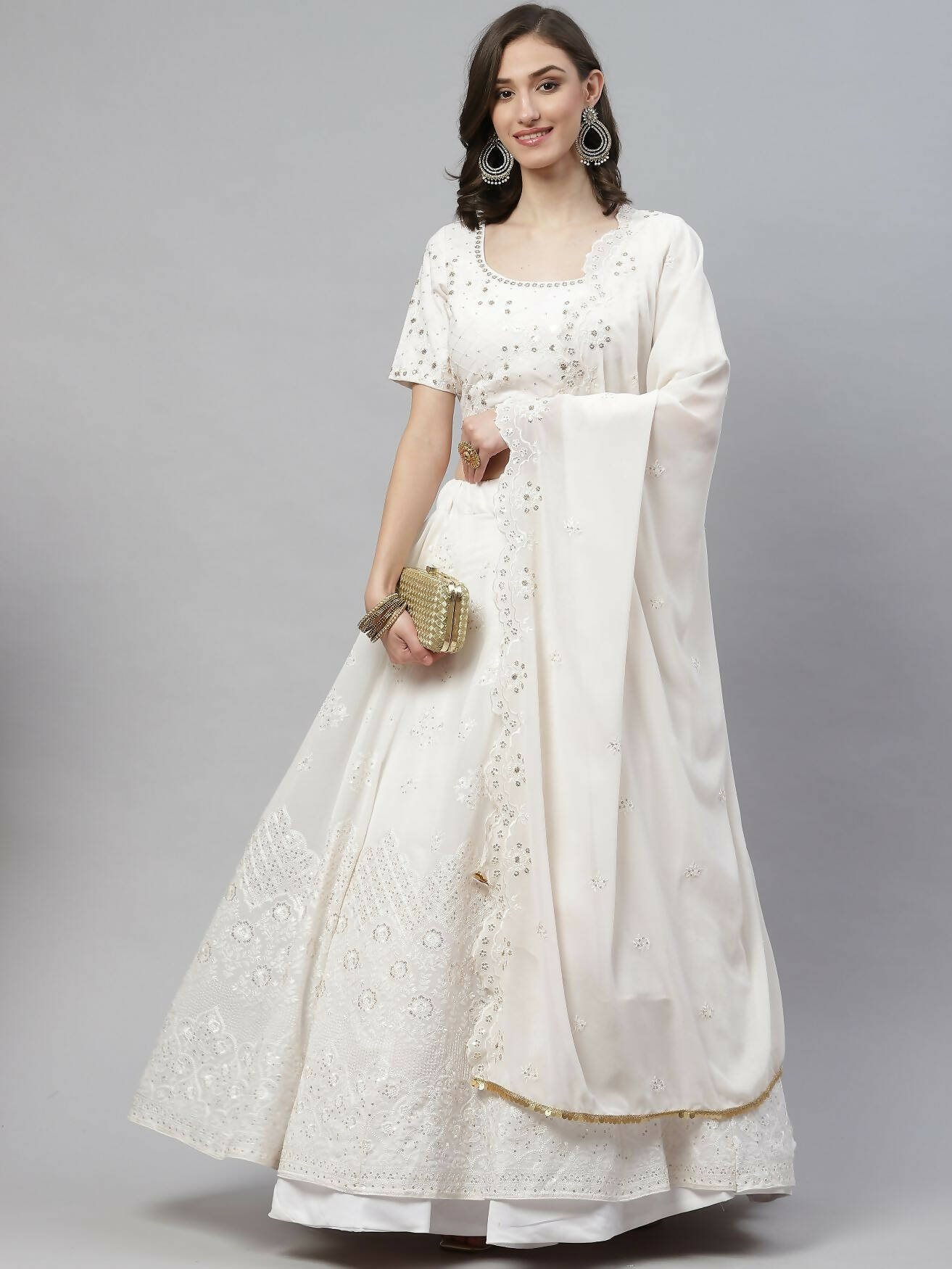 White Georgette Thread with Sequins Embroidered work Lehenga Choli with Dupatta - Jivika - Distacart