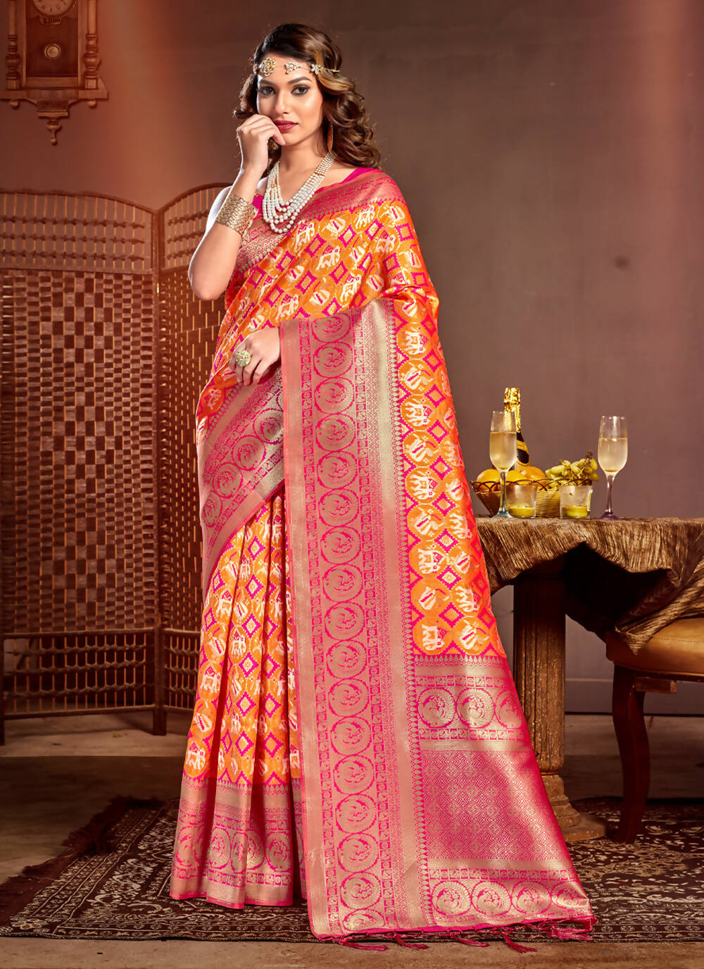Orange Patola Silk Zari Woven Design Saree with Unstitched Blouse Piece - Aachal - Distacart