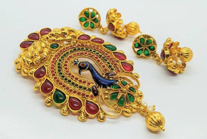Gold Plated Multicolor Kemp Peacock Pendant Set