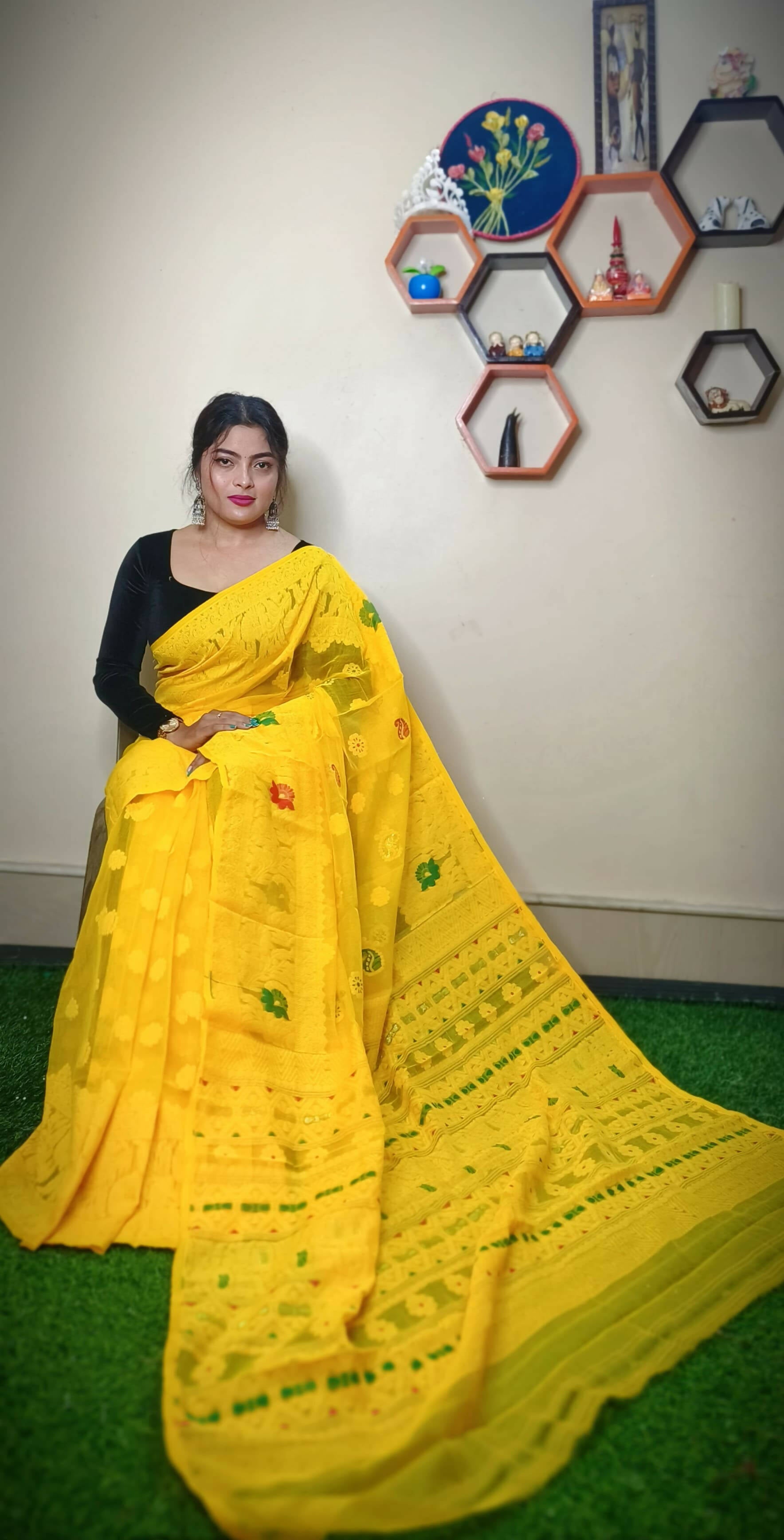 Exclusive Collection Handloom Dhakai Jamdani Saree - Pure Yellow - Distacart