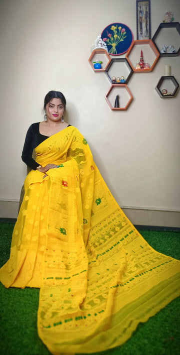 Exclusive Collection Handloom Dhakai Jamdani Saree - Pure Yellow - Distacart