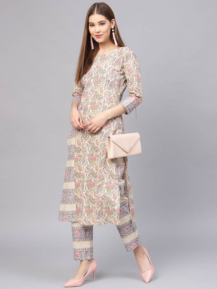 Yufta Women Beige & Grey Printed Kurta with Trouser