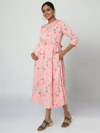 Thumbnail for Manet Three Fourth Maternity Dress Floral Print With Concealed Zipper Nursing Access - Peach - Distacart