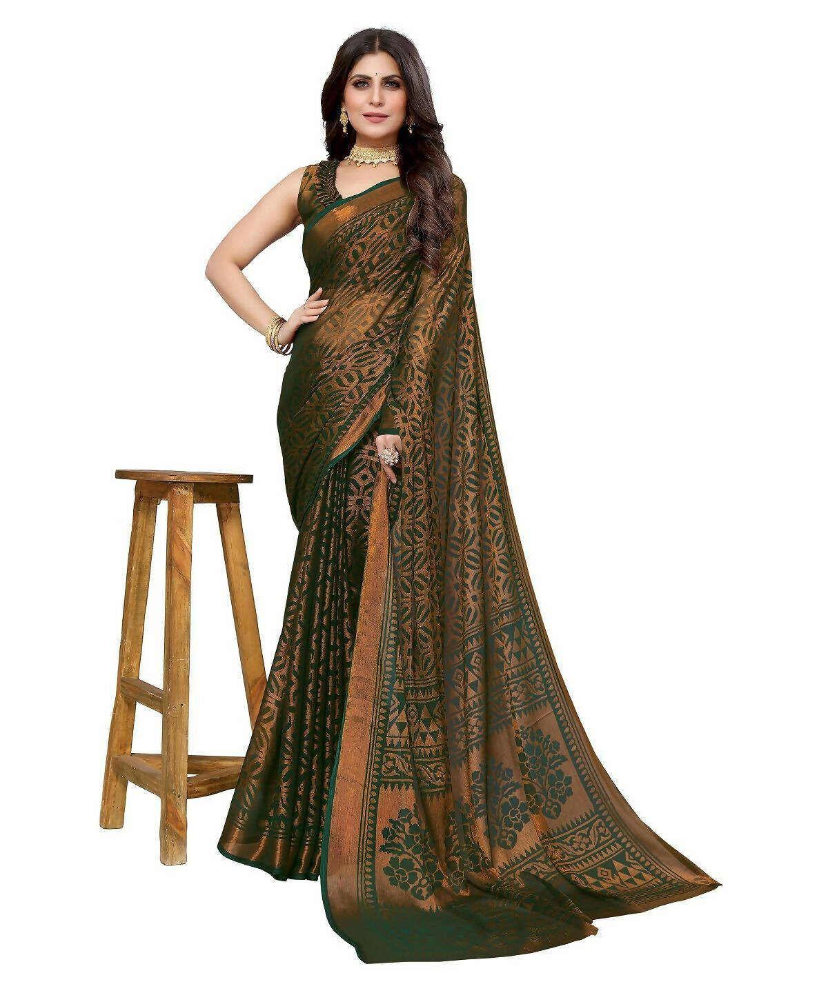 Vamika Green Chiffon Brasso Bollywood Style Woven Saree (BARKHA GREEN) - Distacart