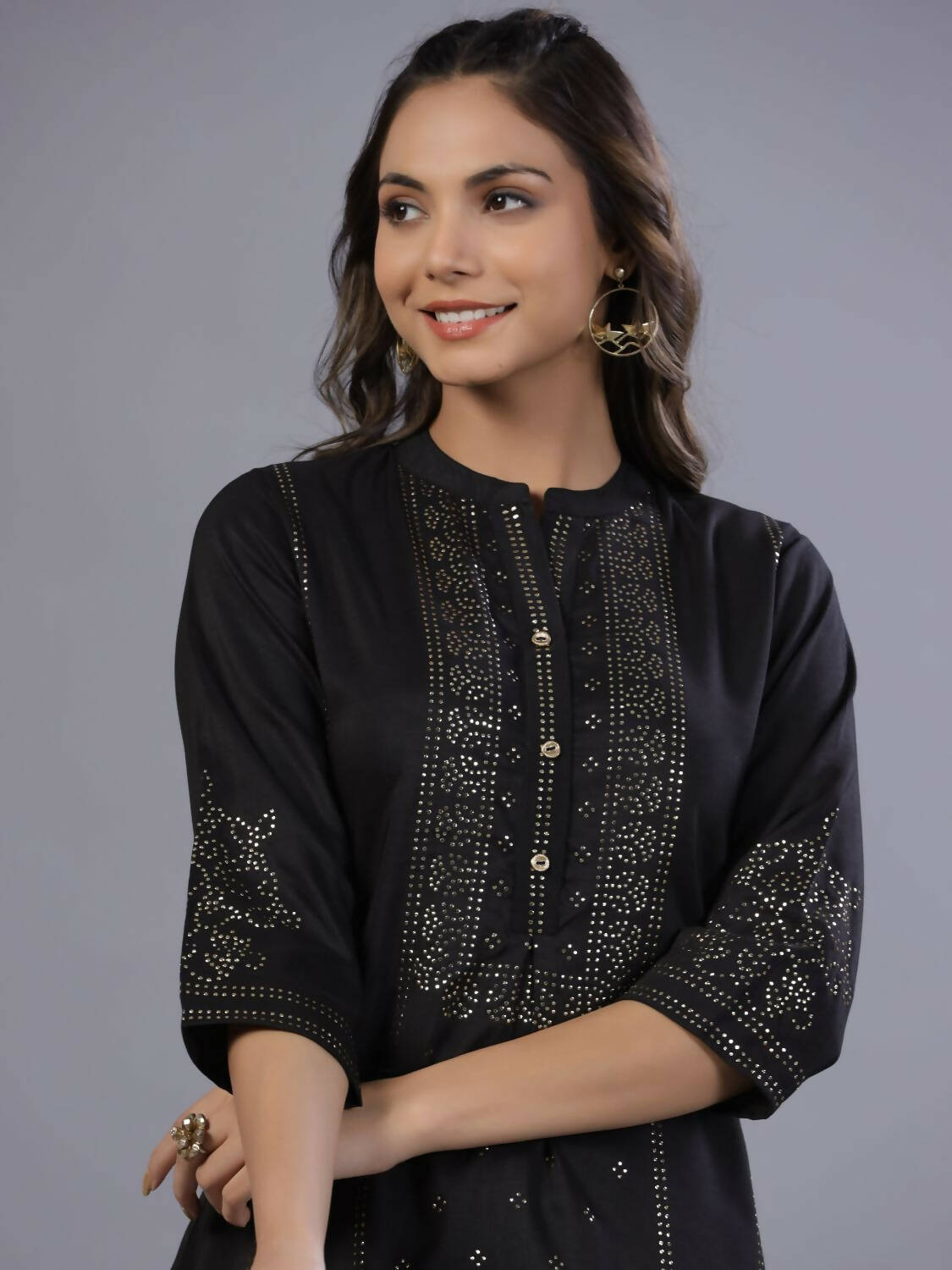 Juniper Women Black Chinon Silk Mukesh Work Straight Tunic - Distacart