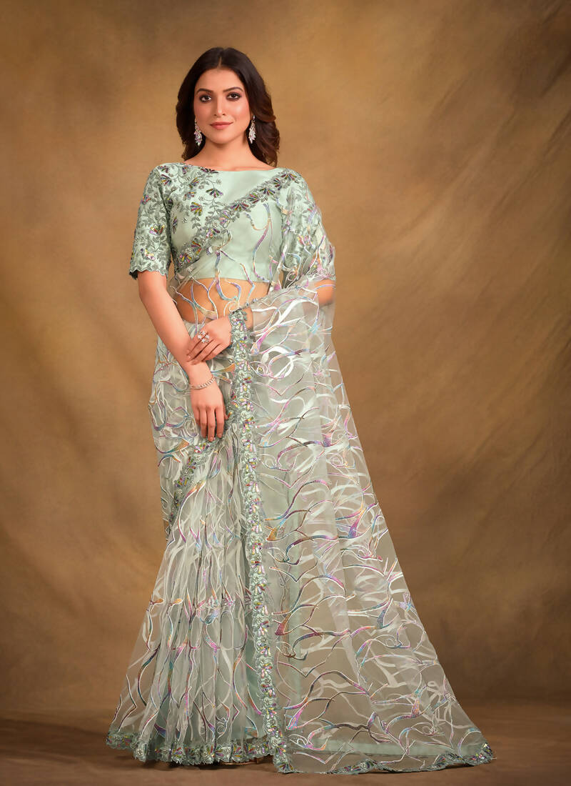 Sea Green Velvet Texture Net Designer Saree with Unstitched Blouse - Norita Mahitha - Distacart