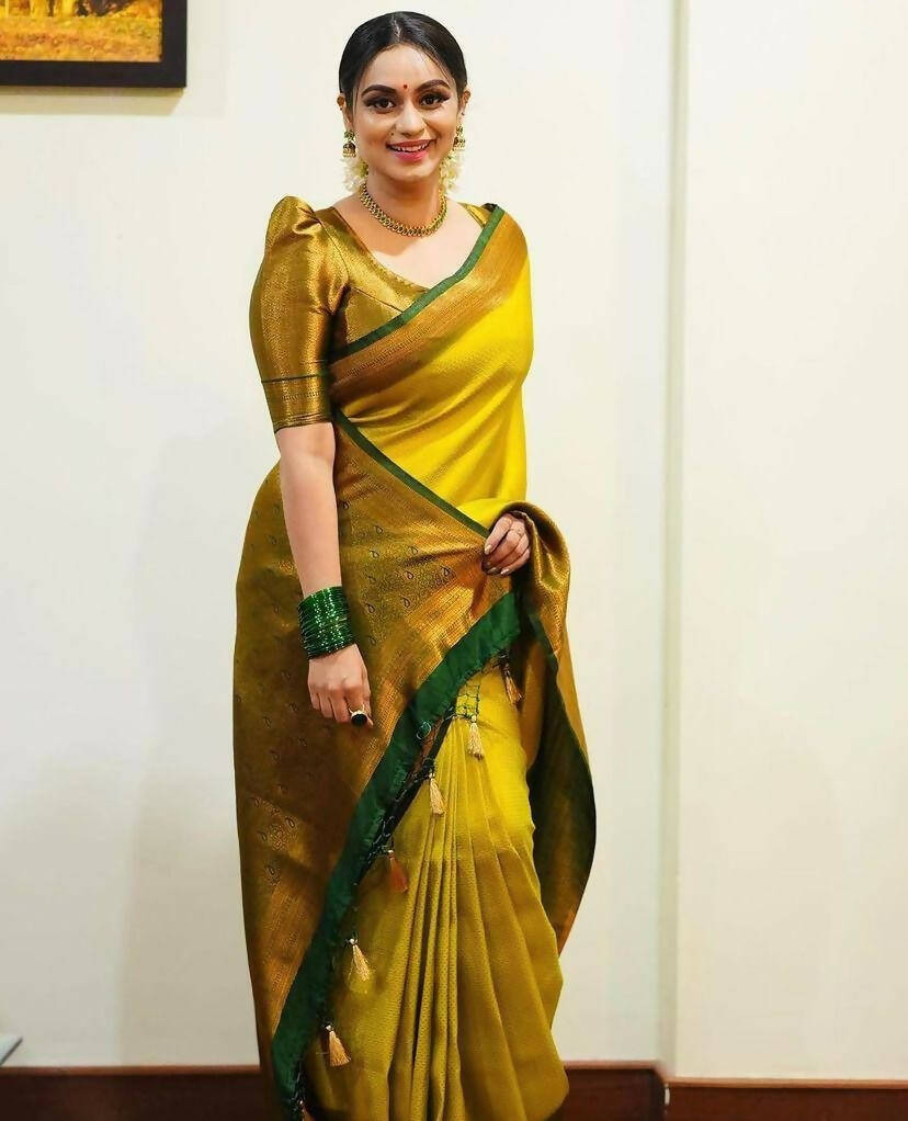 DEIANA'S Beautiful Golden Jari with New Design Soft Lichi Silk Saree - Yellow Green - Distacart