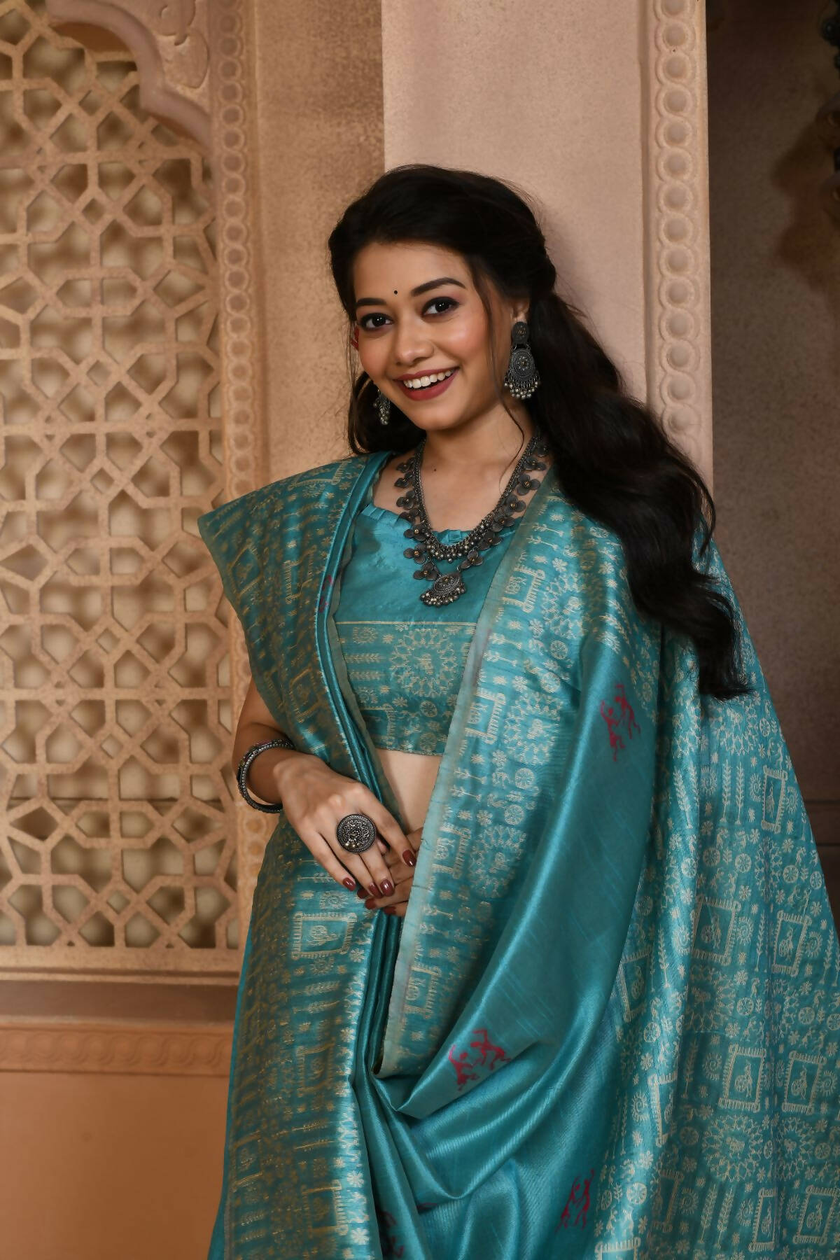 Vishnu Weaves Women's Firozi Handloom Raw Silk Woven Border Saree with Unstitched Blouse - Distacart