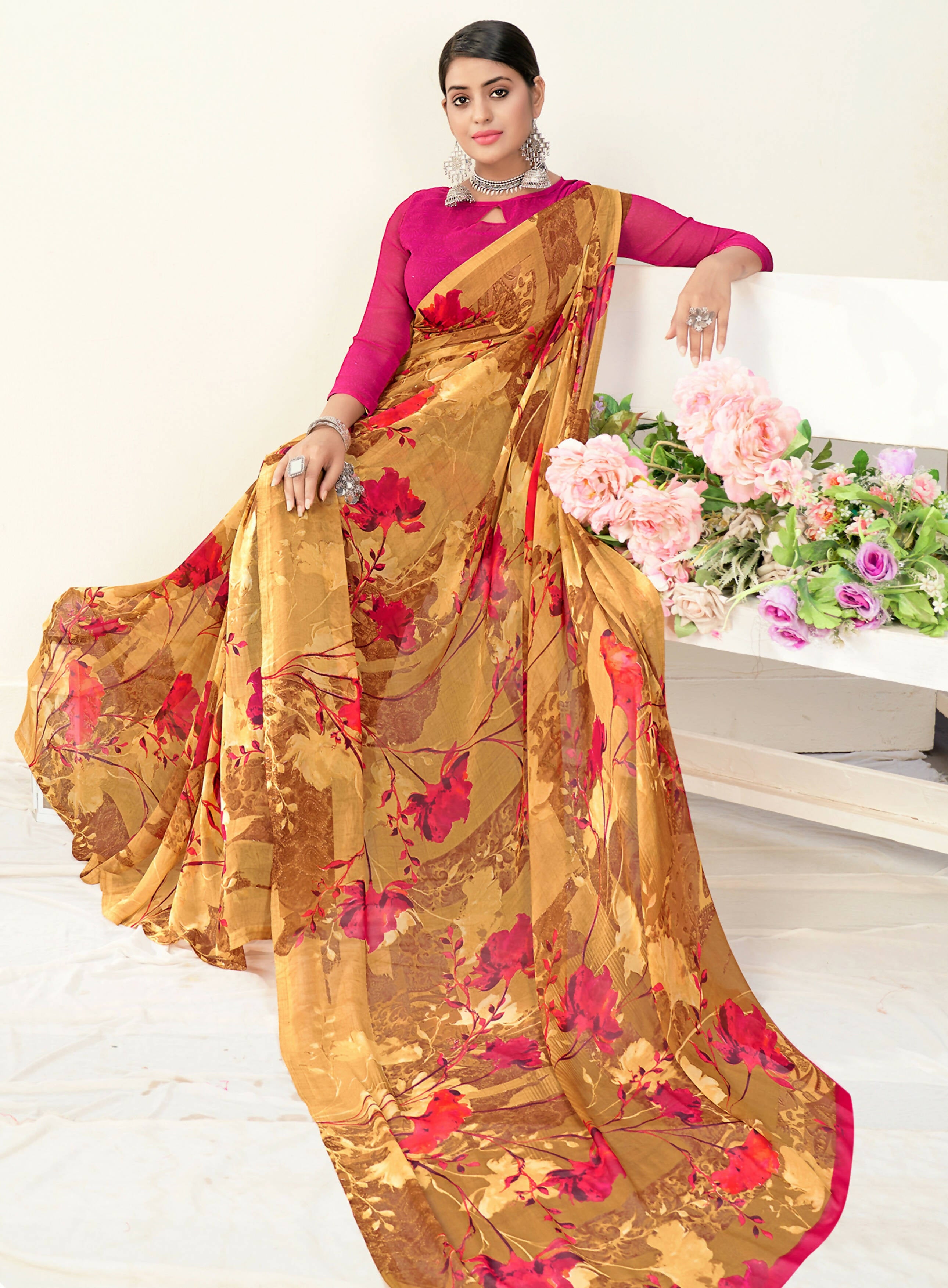 Brown Georgette Floral Printed Saree With Unstitched Blouse Piece - Jyoti - Distacart