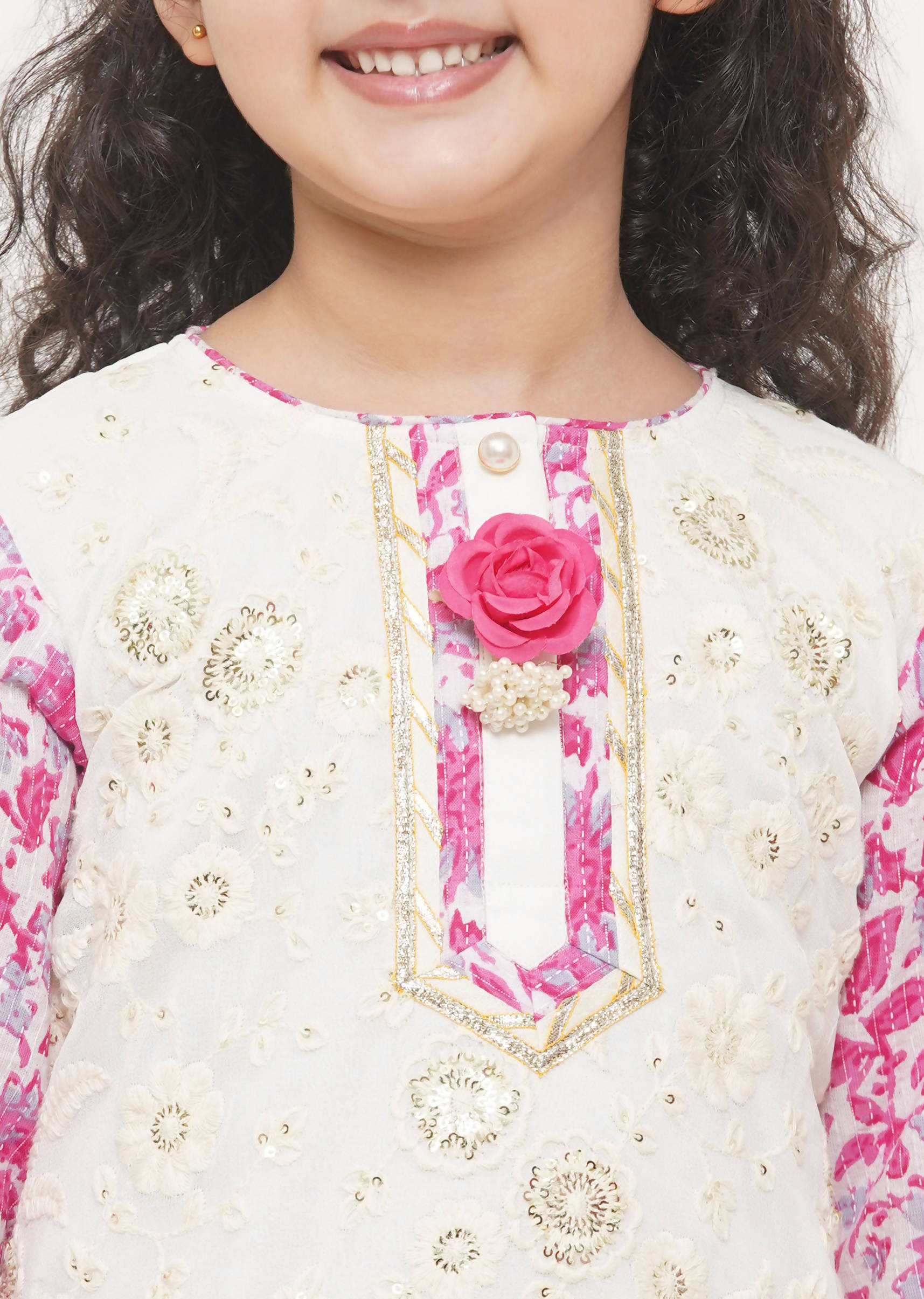 Little Bansi Cotton Embroidery Kurta with Floral Sharara with Dupatta - White & Pink - Distacart