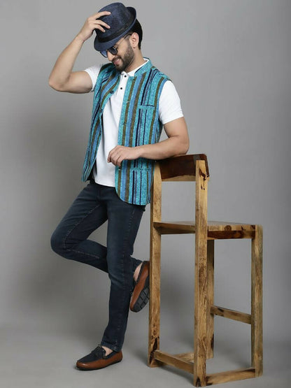 Even Apparels Nehru Jacket With Welt Pockets - Blue - Distacart