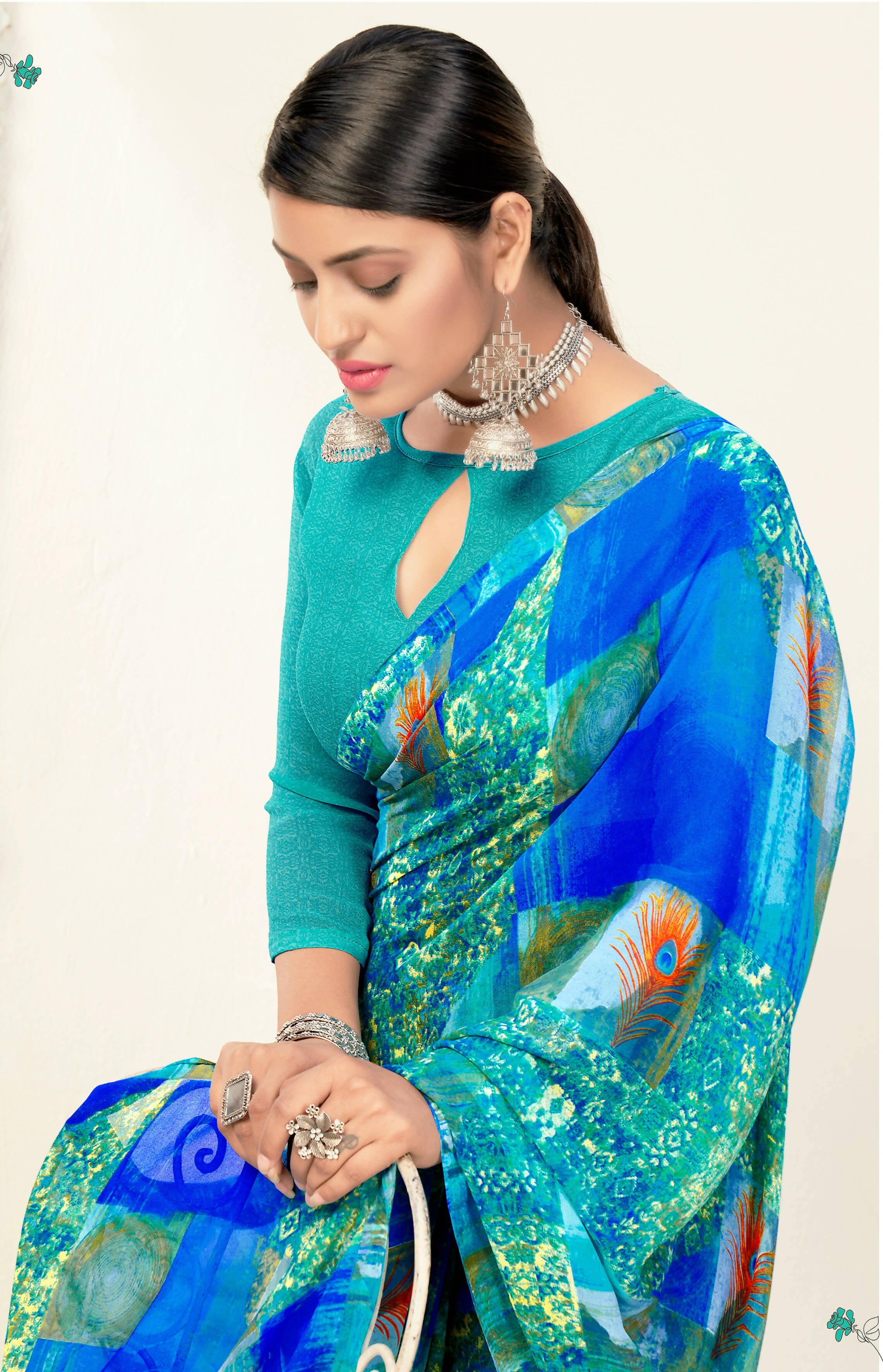 Blue Georgette Abstract Printed Saree With Unstitched Blouse Piece - Jyoti - Distacart