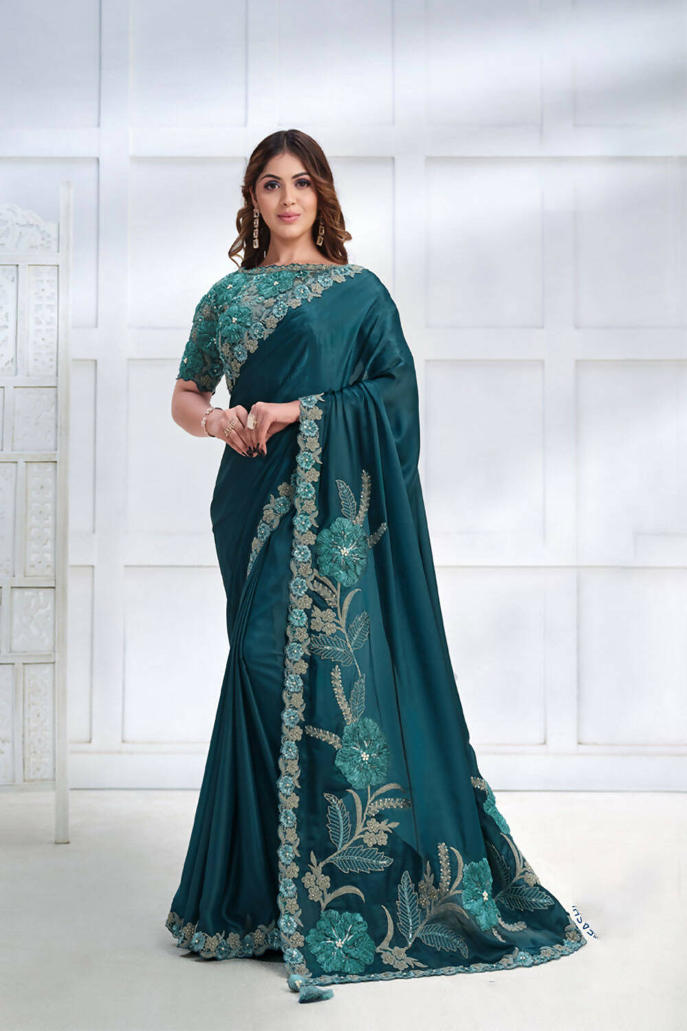 Teal Crepe satin silk Cord & Sequence Embroidered with Applique & Stone work Saree - Mohmanthan Majestica - Distacart