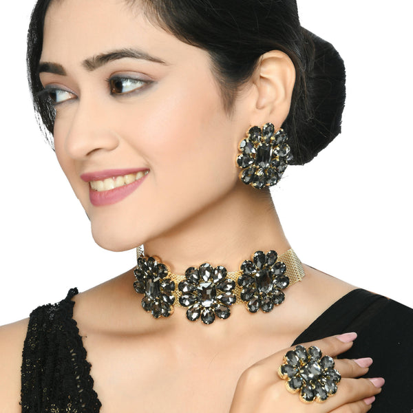 Mominos Fashion Joharkamal Gold-Plated Brass Finish Stone Choker For Women & Girls (Grey) - Distacart