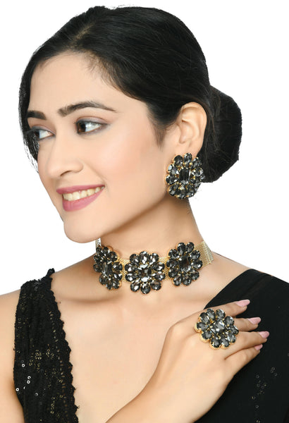 Mominos Fashion Joharkamal Gold-Plated Brass Finish Stone Choker For Women & Girls (Grey) - Distacart