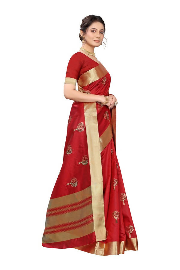 Vamika Red Cotton Polyster Silk Weaving Saree (Kerala Forest)