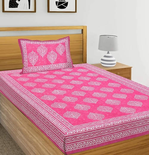 Vamika Printed Cotton Pink & White Combination Bedsheet With Pillow Covers (LEOC_BATIK_PINK) - Distacart