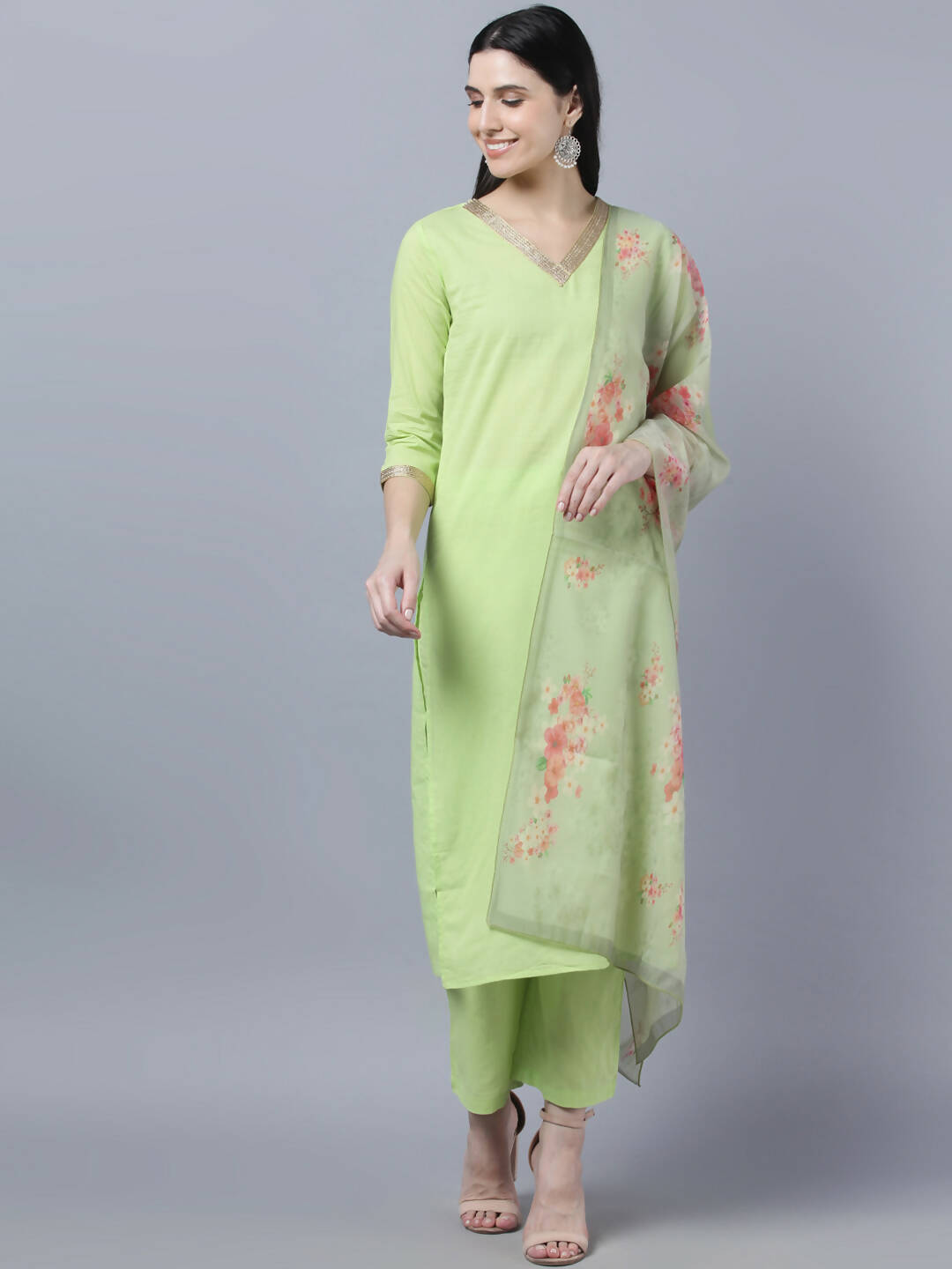 Myshka Women Green Regular Pure Cotton Kurta with Trousers With Dupatta Set - Distacart