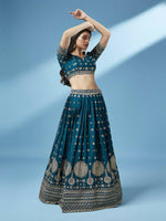 Thumbnail for House of Panchhi Teal - Pure Georgette Embroidered Lehenga - Distacart