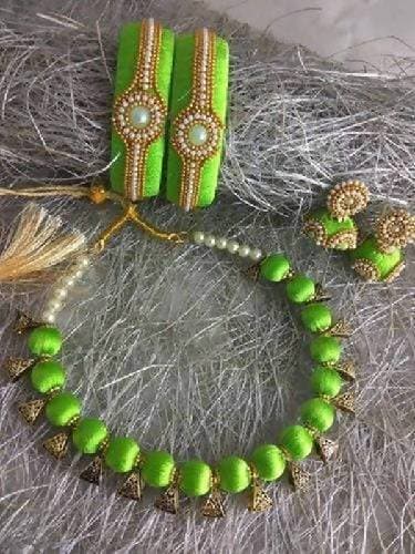 Parrot Green Silk Threaded Necklace Set, Earrings and Bangles Set of 2