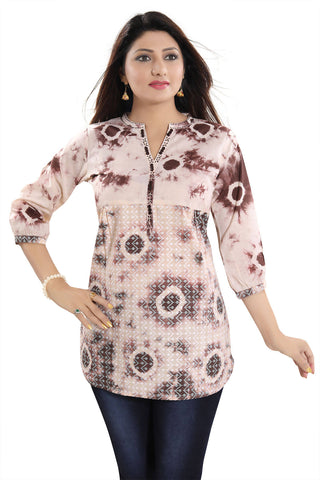 Snehal Creations Bold Beige Cotton Chikan Short Kurti Top With Batik Printing - Distacart