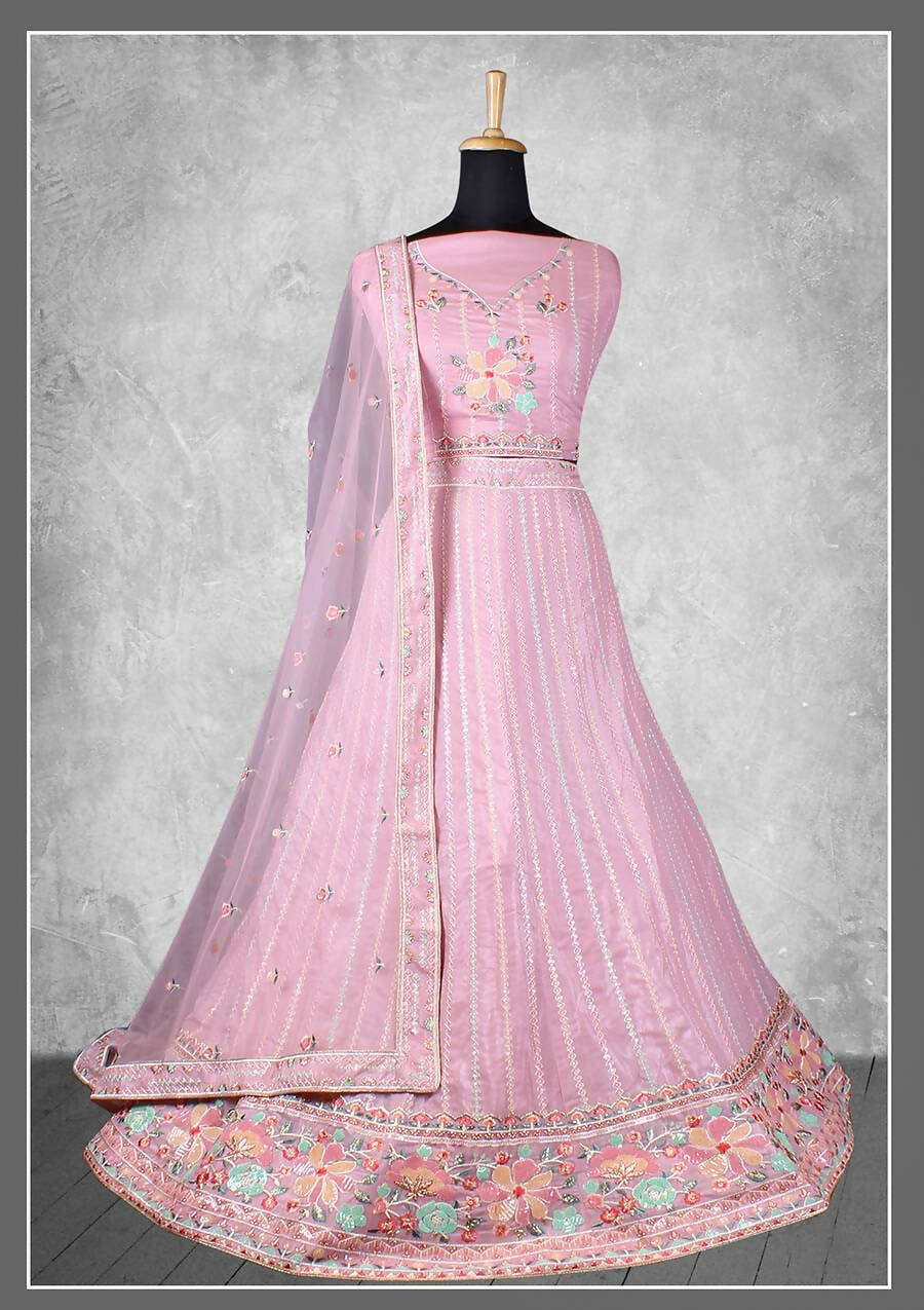 Light Pink Georgette Embroidery & Sequence Work Semi-Stitched Lehenga Choli - Nimaya Kangan - Distacart