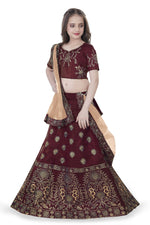 Thumbnail for Dwiden Maroon Gulab Tafetta Sattin Semi-Stitched Girl'S Lehenga Choli - Distacart