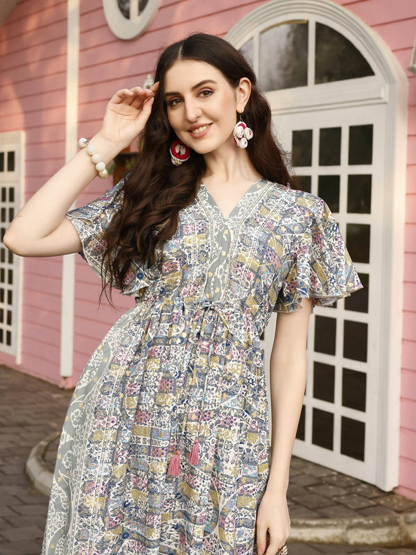 Green Rayon Foil Printed Long Dress - Michan - Distacart
