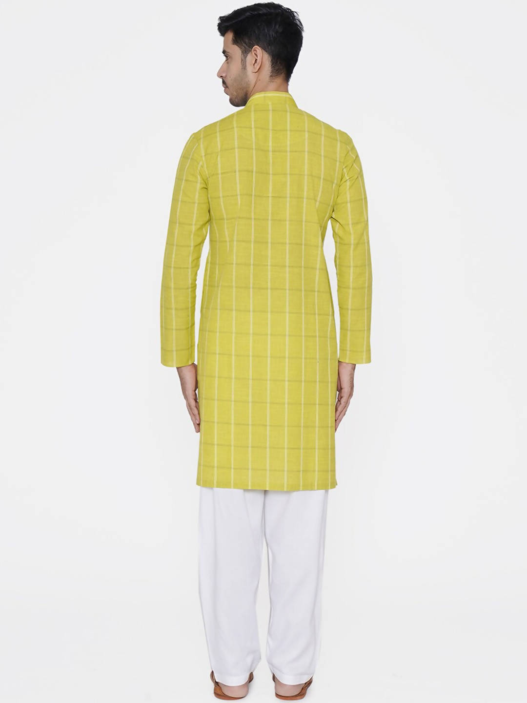 Manyavar Men Lime Green & White Checked Straight Kurta - Distacart