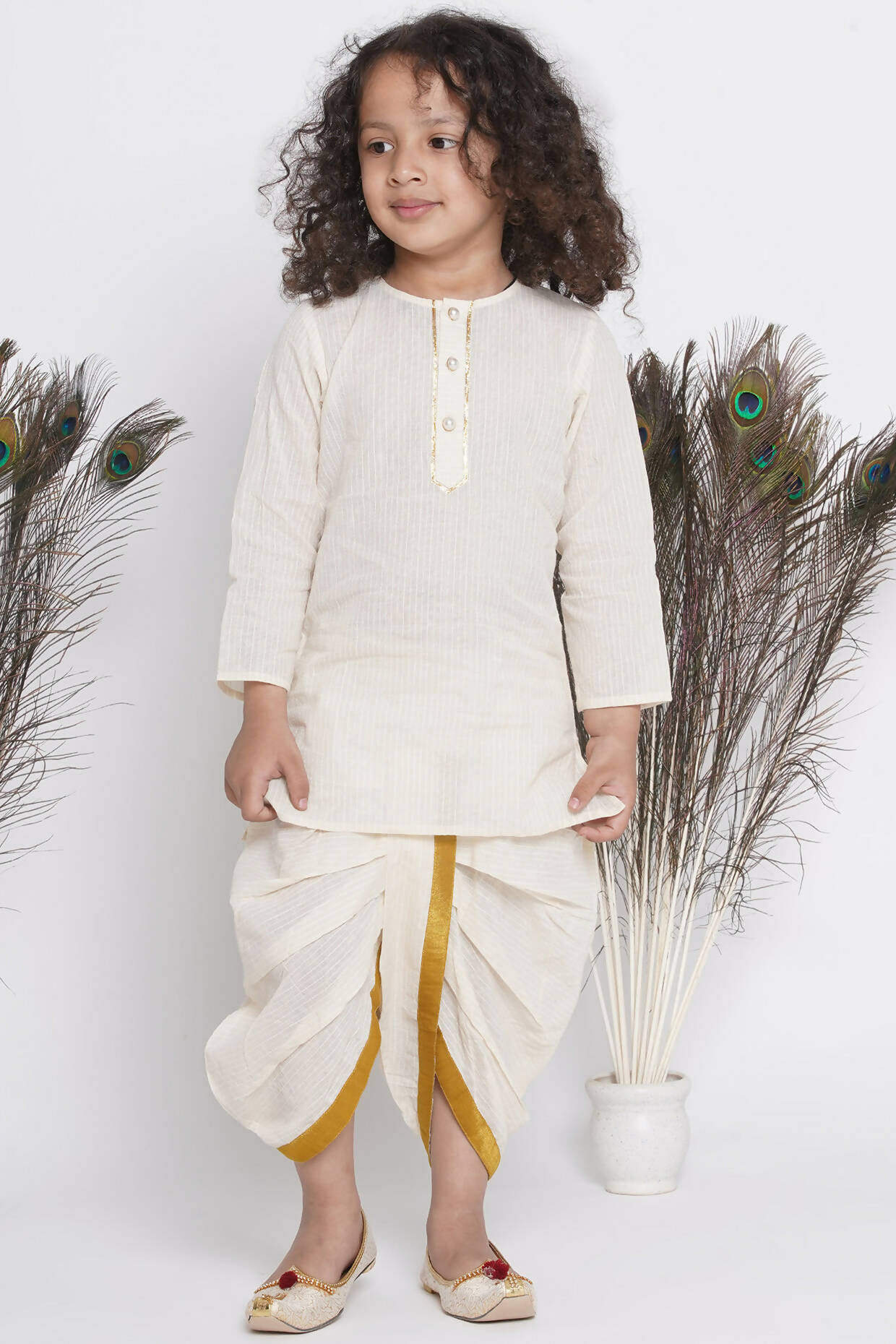 Little Bansi Banarsi Silk Orange Pink Floral Embroidery Jacket With Cotton Kantha kurta And Kantha Dhoti - Cream - Distacart
