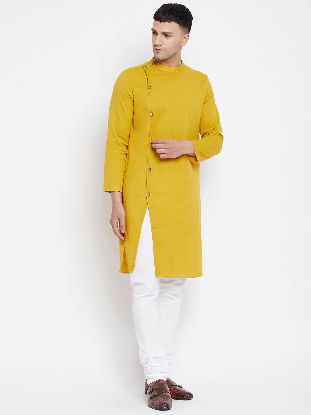 Even Apparels Yellow Pure Cotton Men's Sherwani Kurta With Asymetrical Cut - Distacart