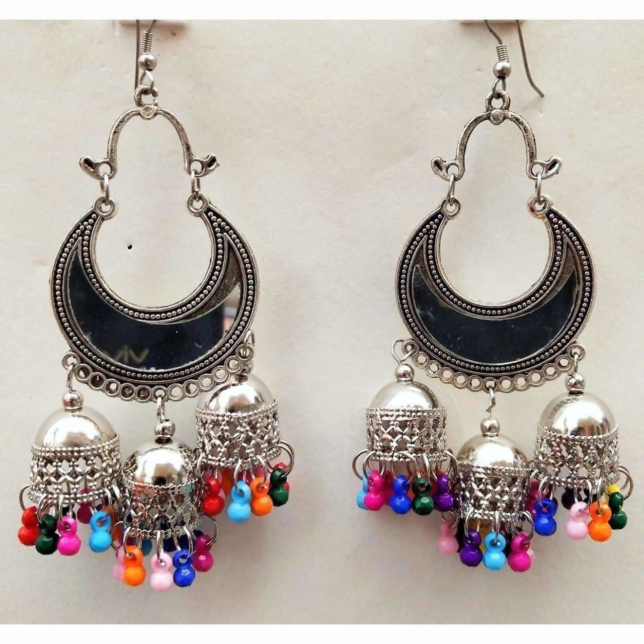 Black Enamel Chandbali Triple Jhumka Earrings