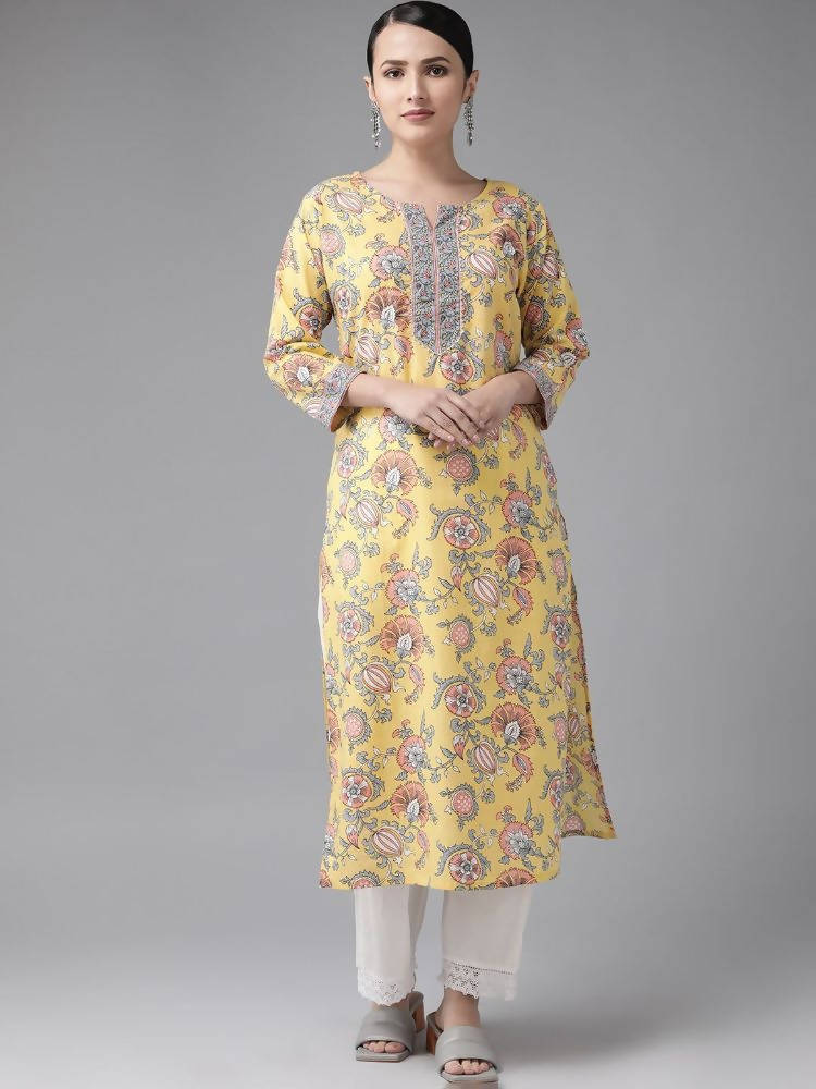 Yufta Women Yellow Floral Printed Straight Kurta