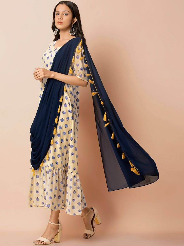 Indya Women White & Navy Blue Printed Maxi Dress With Attached Dupatta - Distacart