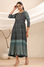 Thumbnail for Juniper Bottle Green Muslin Festive Printed Flared Dress For Women - Distacart
