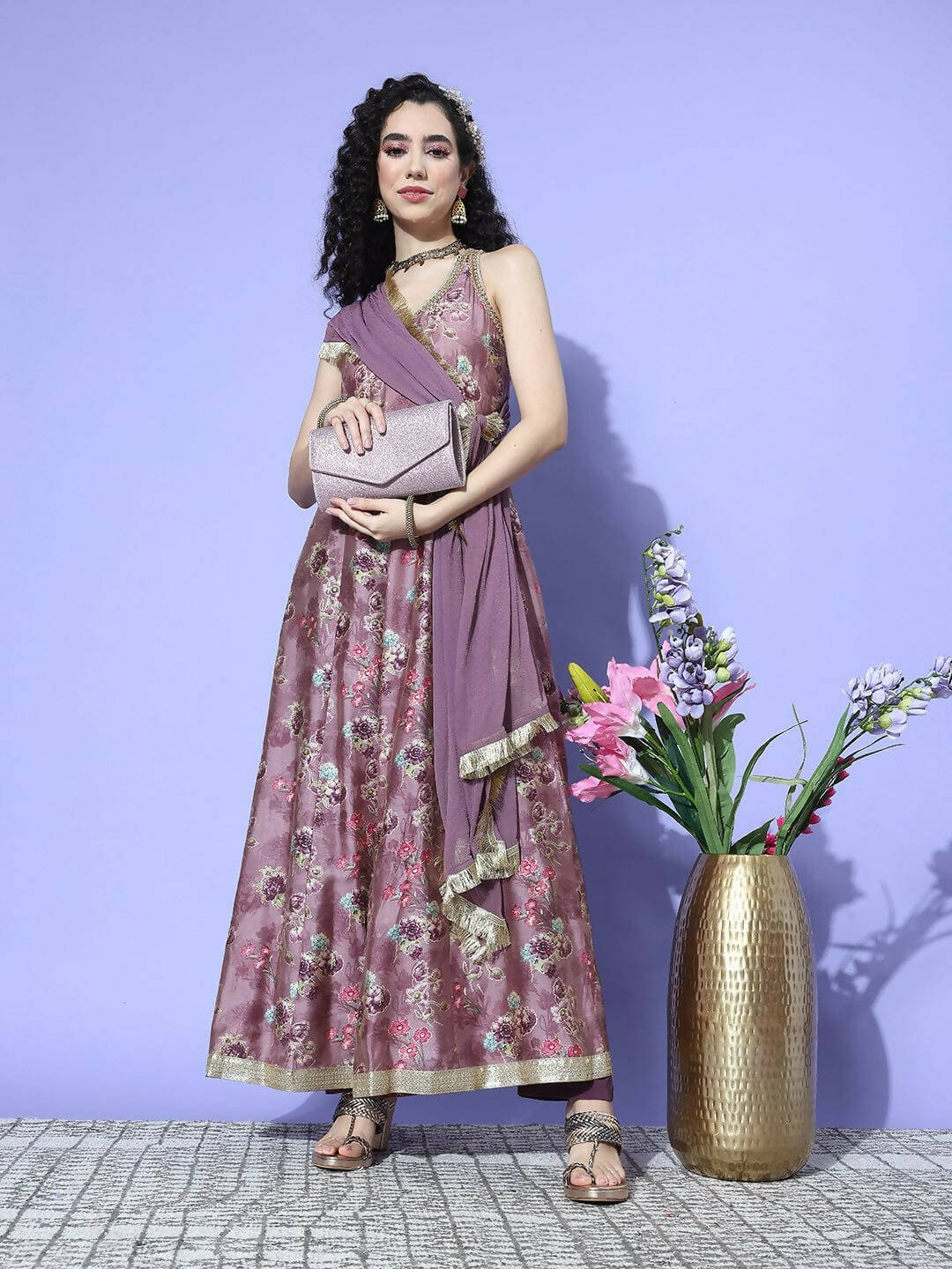 Varanga Purple Floral Printed Sequin Embellished V-Neck Anarkali Kurta With Flared Hem - Distacart
