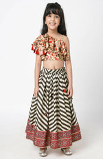 Thumbnail for Lil Drama Chromatic Fusion Girls Black & White Stripe Hand Embroidery Lehanga Choli - Distacart