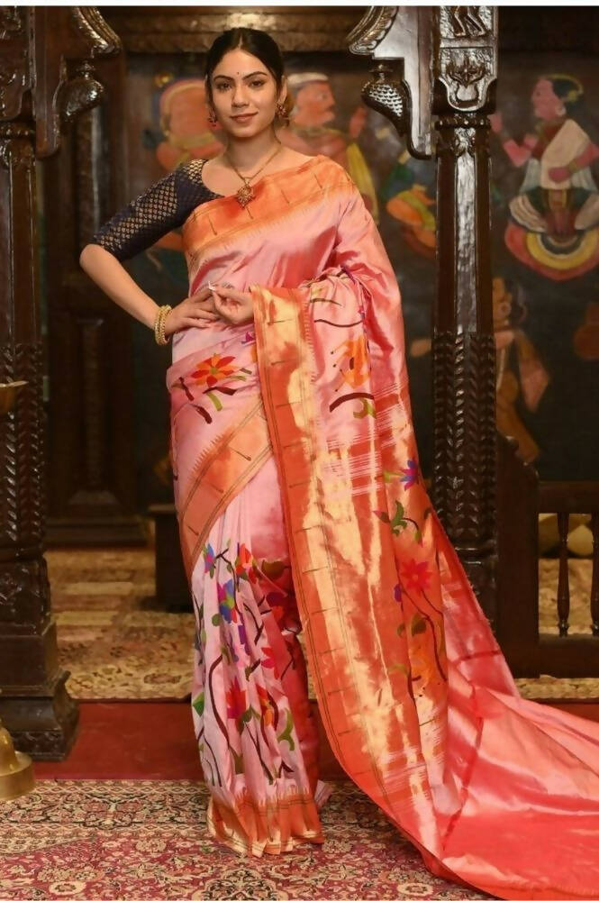Very Much Indian Pure Silk Intricately Woven Handloom Paithani-Pretty Peach - Distacart