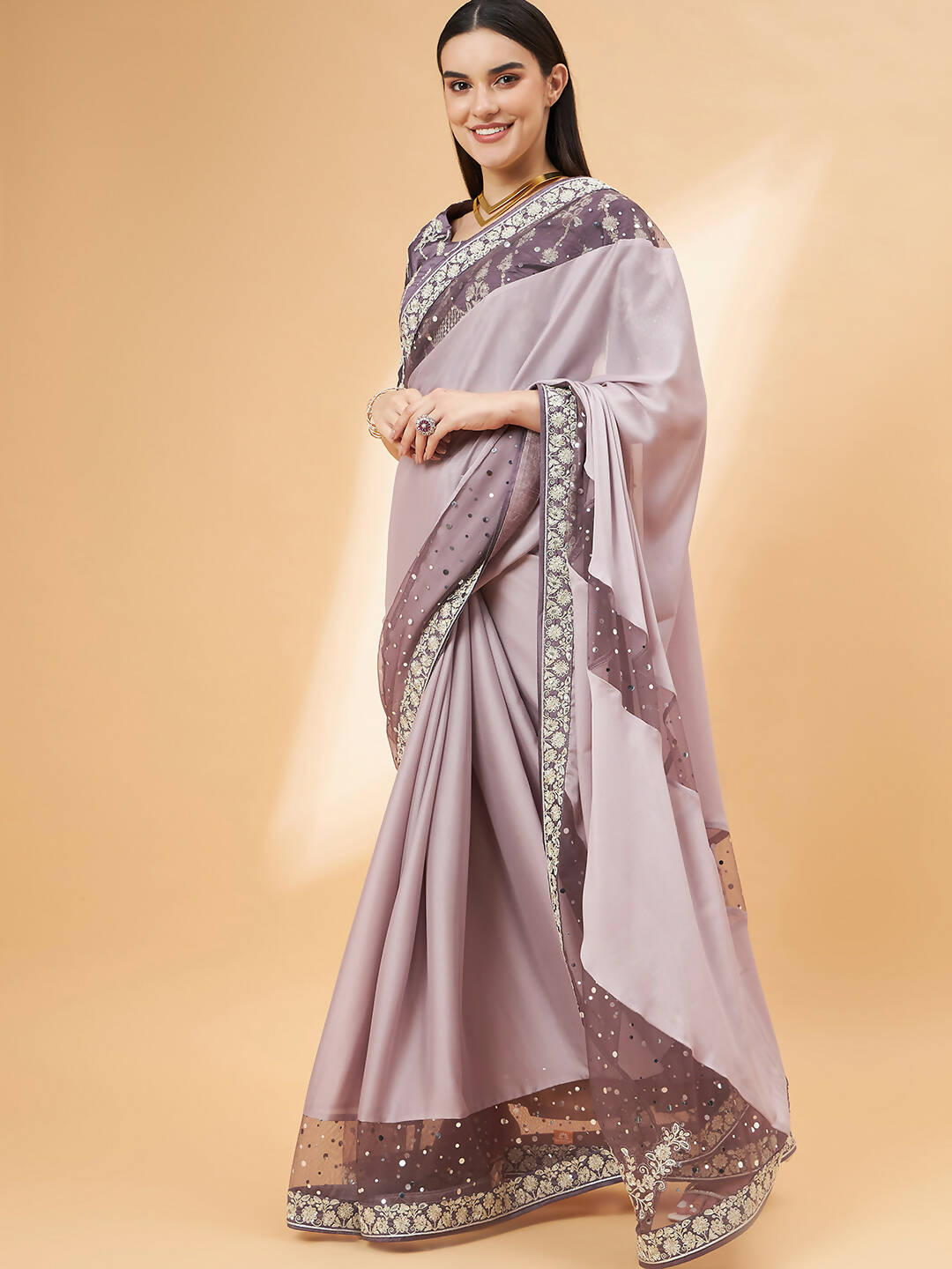 Mauve Silk Georgette Ribbon Embroidery Saree - Norita Hit Design - Distacart