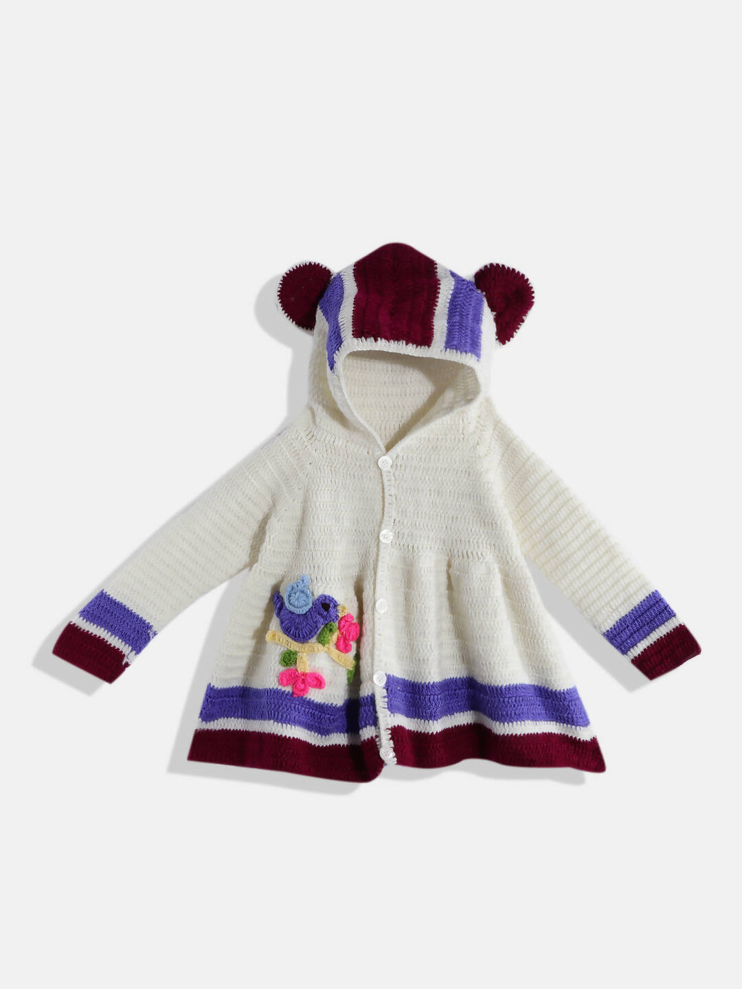 Chutput Kids Woollen Hand Knitted Full Sleeves Self Desgin Hoodie Dress - Cream - Distacart