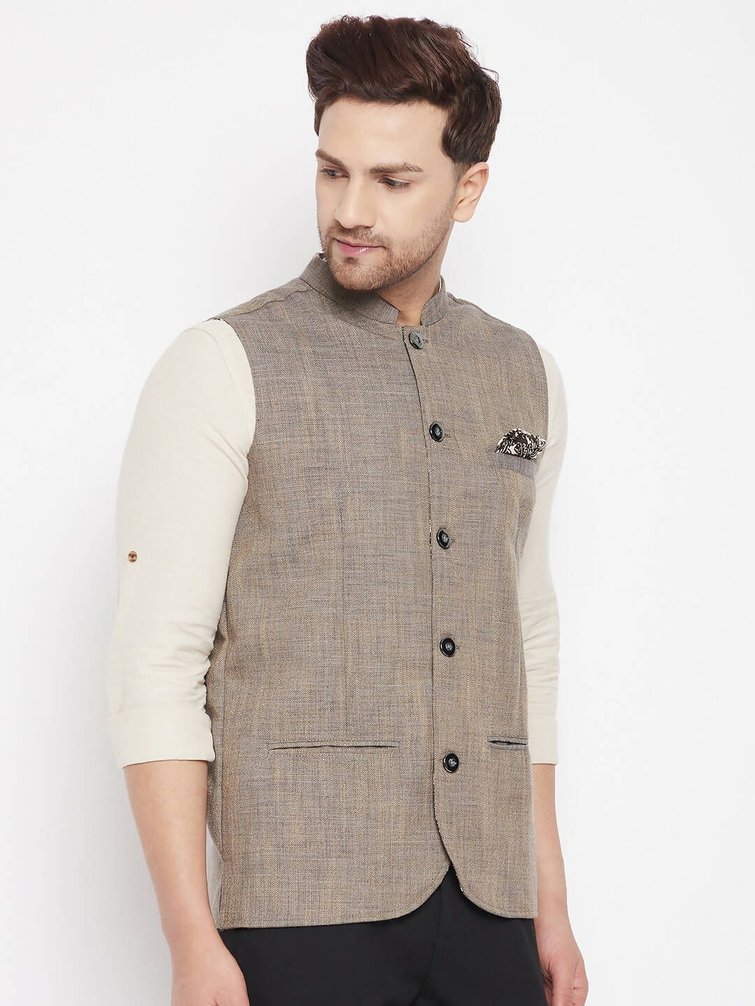 Even Apparels Brown Linen Men Woven Nehru Jacket - Distacart